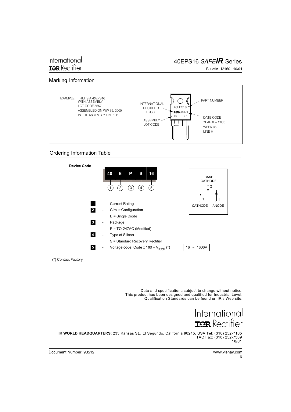 40eps16 safe, Series, Ordering information table | Marking information | C&H Technology 40EPS16 SAFEIR Series User Manual | Page 6 / 6