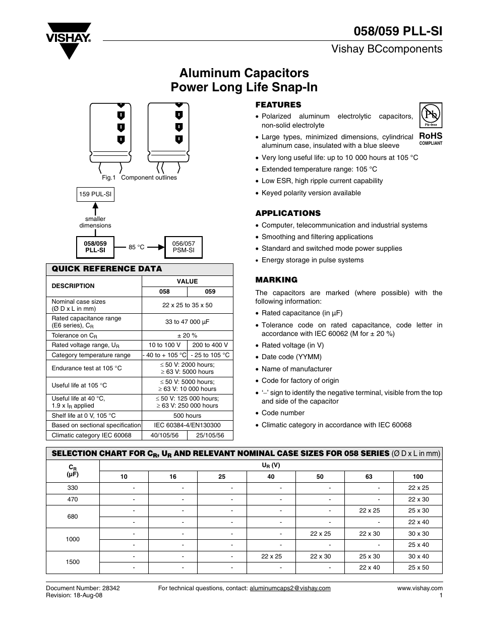 Datasheet, Vishay bccomponents, Rohs | C&H Technology 059 PLL-SI User Manual | Page 2 / 12