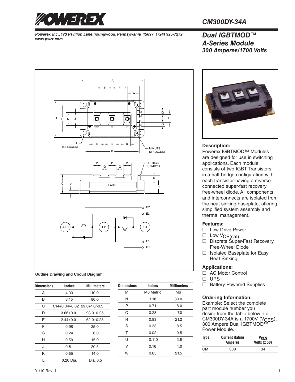 Dual igbtmod™ a-series module | C&H Technology CM300DY-34A User Manual | Page 2 / 5