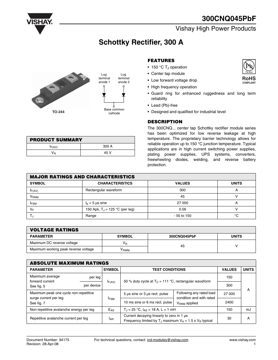 Datasheet, Vishay high power products, Rohs | C&H Technology 300CNQ045PbF User Manual | Page 2 / 7
