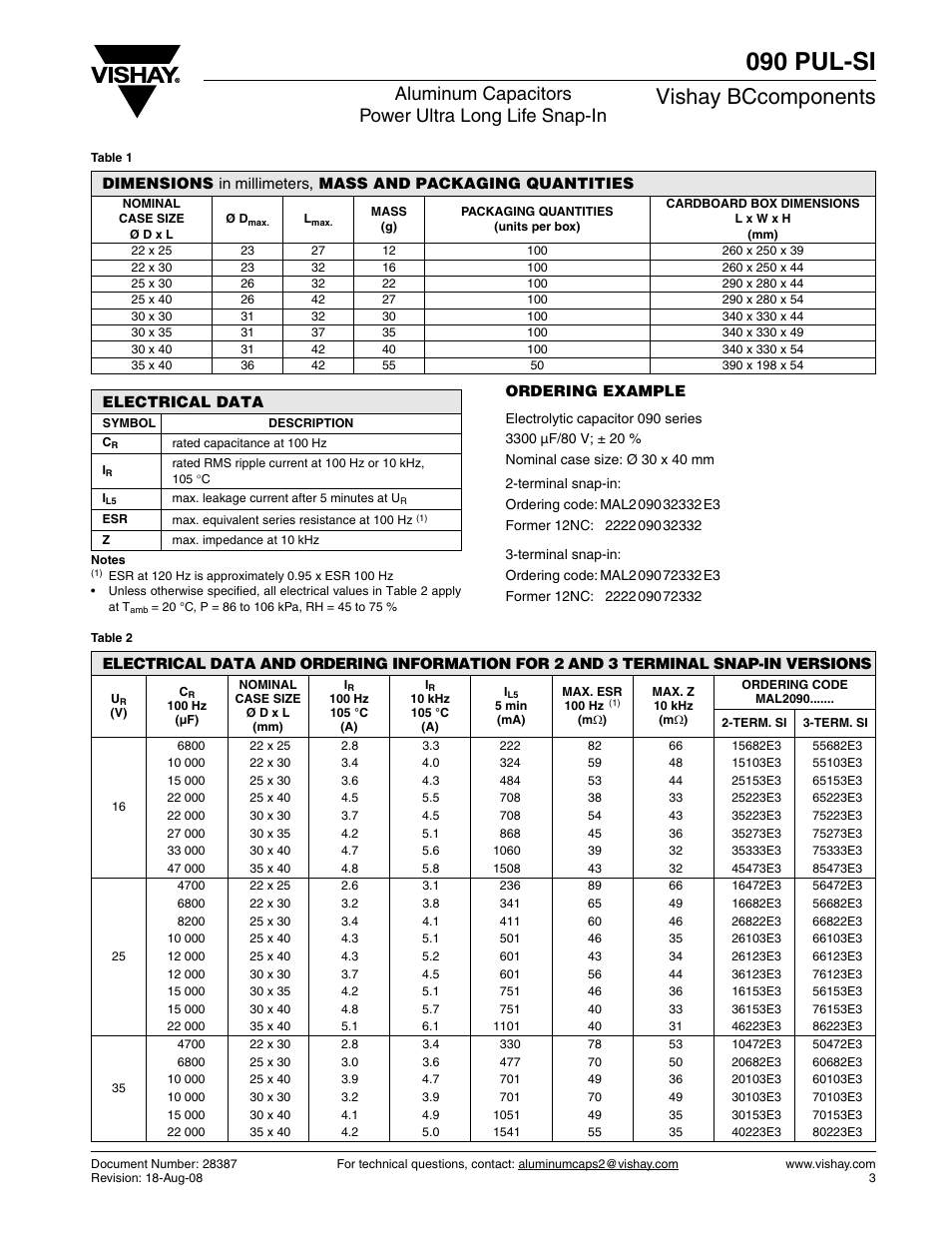 090 pul-si, Vishay bccomponents, Aluminum capacitors power ultra long life snap-in | C&H Technology 090 PUL-SI User Manual | Page 4 / 8