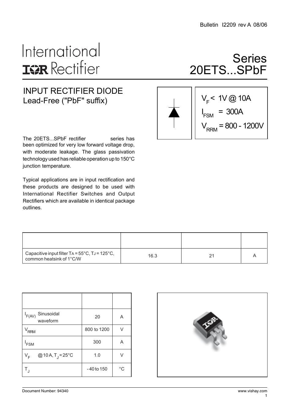 Safe, Series 20ets...spbf, Input rectifier diode | Lead-free ("pbf" suffix) v, 1v @ 10a i, 300a v | C&H Technology 20ETS...SPbF SAFEIR Series User Manual | Page 2 / 8