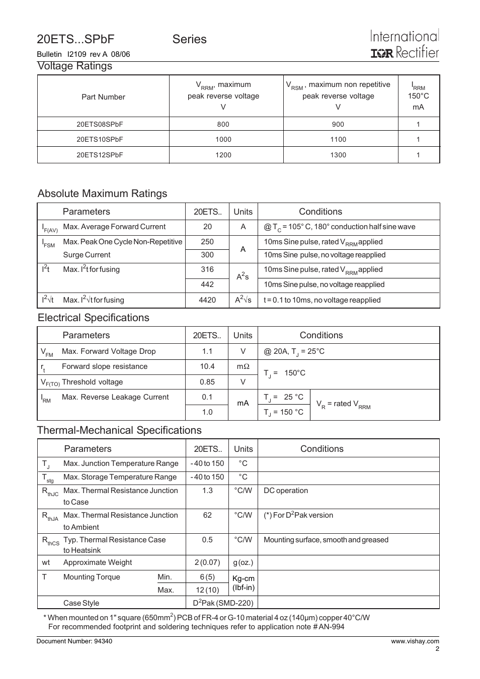 20ets...spbf safe, Series, Voltage ratings | Thermal-mechanical specifications, Absolute maximum ratings, Electrical specifications, Parameters, Conditions | C&H Technology 20ETS...SPbF SAFEIR Series User Manual | Page 3 / 8