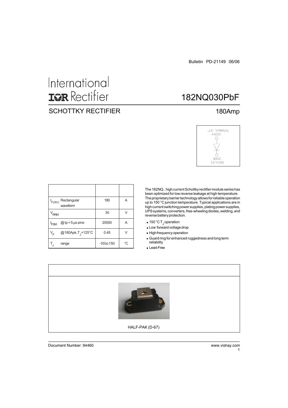 Schottky rectifier, 180amp | C&H Technology 182NQ030PbF User Manual | Page 2 / 7