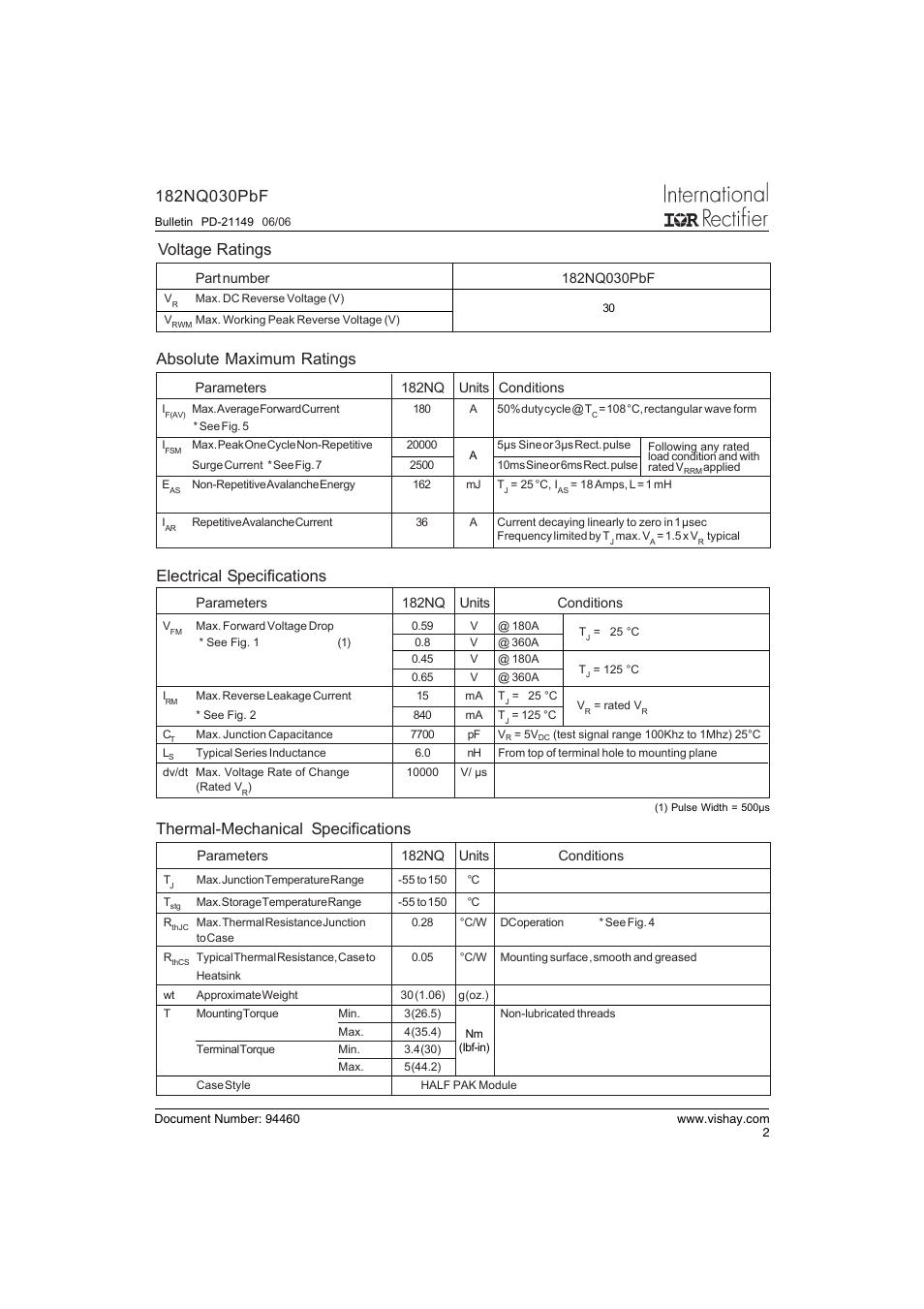 Voltage ratings absolute maximum ratings, Electrical specifications, Thermal-mechanical specifications | C&H Technology 182NQ030PbF User Manual | Page 3 / 7
