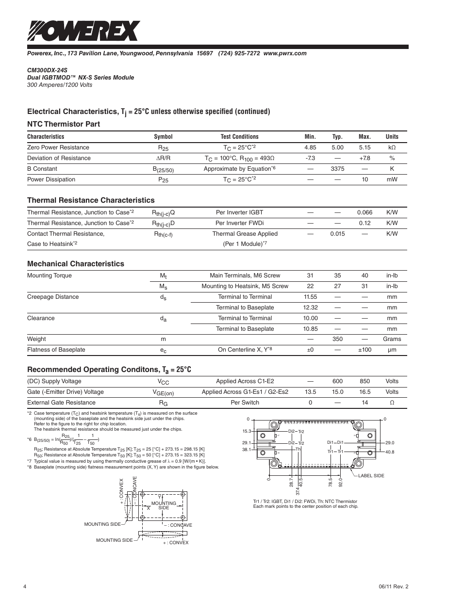 Electrical characteristics, t, Thermal resistance characteristics, Mechanical characteristics | Recommended operating conditons, t, 25°c | C&H Technology CM300DX-24S User Manual | Page 5 / 7