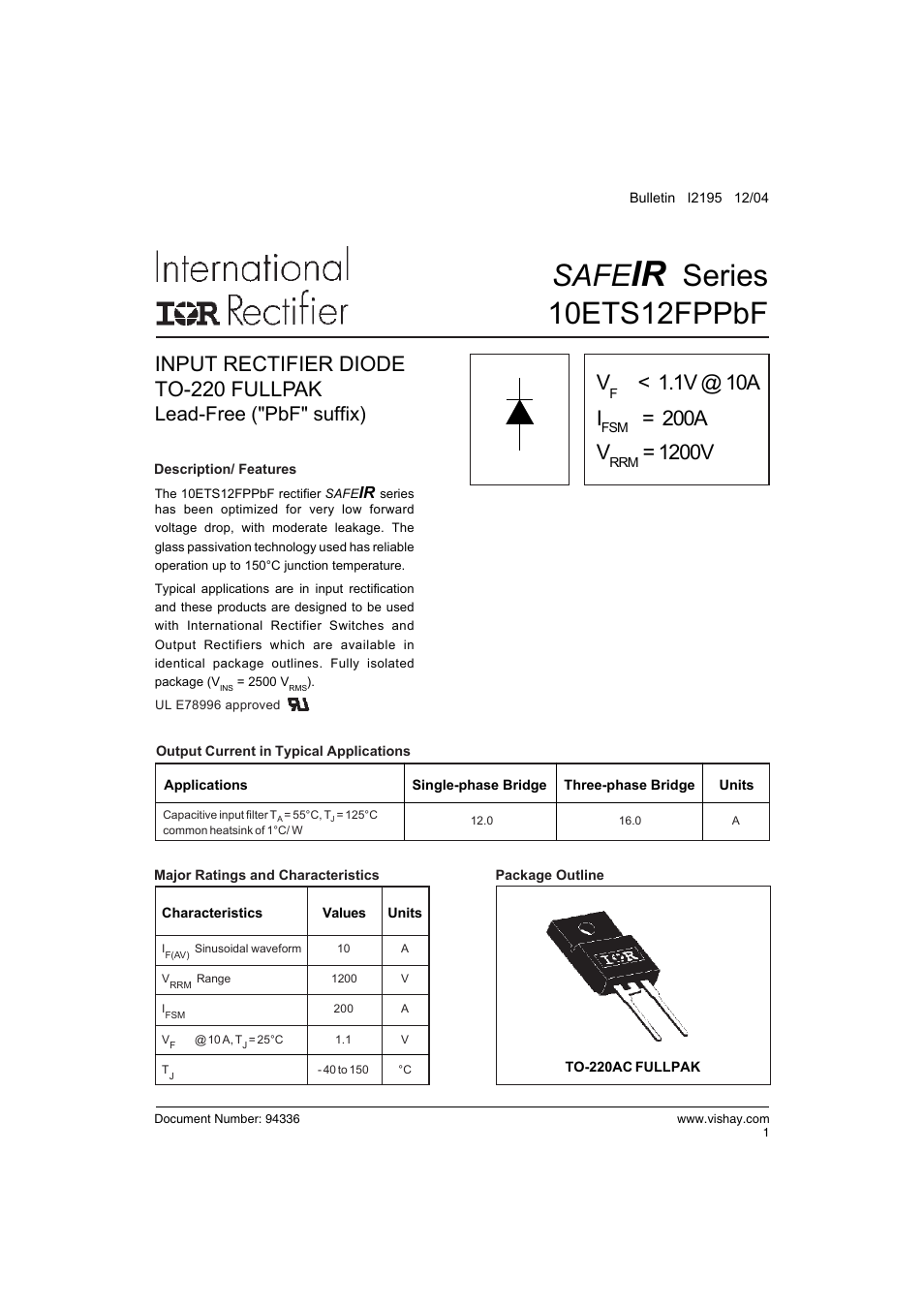 Safe, Series 10ets12fppbf, Input rectifier diode to-220 fullpak | 1v @ 10a i, 200a v, 1200v, Lead-free ("pbf" suffix) | C&H Technology 10ETS12FPPbF SAFEIR Series User Manual | Page 2 / 7