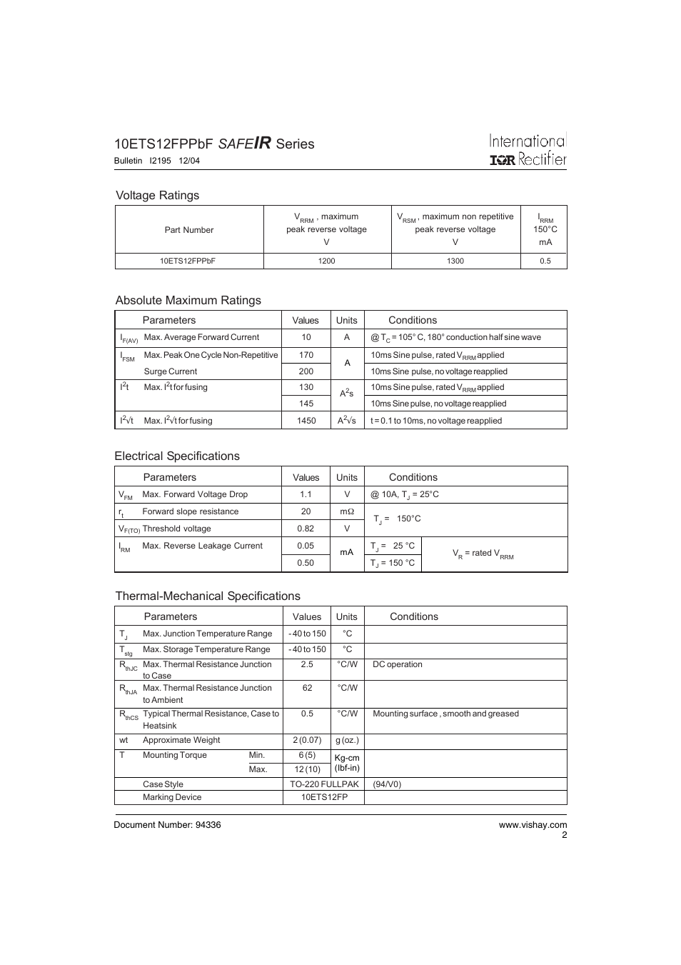 10ets12fppbf safe, Series, Voltage ratings | Thermal-mechanical specifications, Absolute maximum ratings electrical specifications | C&H Technology 10ETS12FPPbF SAFEIR Series User Manual | Page 3 / 7
