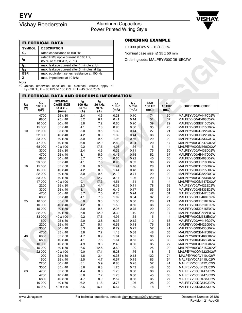 No t for ne w de sig n, Vishay roederstein, Aluminum capacitors power printed wiring style | C&H Technology EYV User Manual | Page 4 / 7
