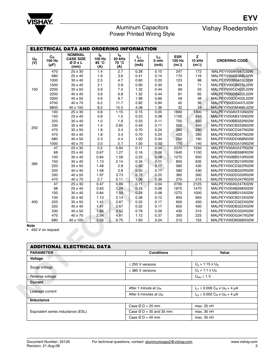 No t for ne w de sig n, Vishay roederstein, Aluminum capacitors power printed wiring style | C&H Technology EYV User Manual | Page 5 / 7