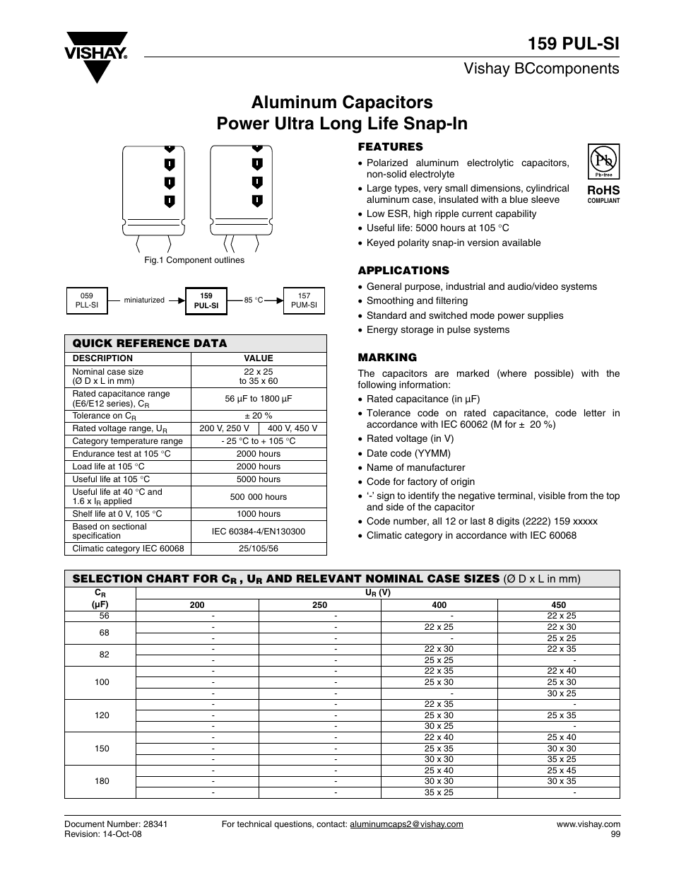 Datasheet, 159 pul-si, Aluminum capacitors power ultra long life snap-in | Vishay bccomponents, Rohs | C&H Technology 159 PUL-SI User Manual | Page 2 / 9