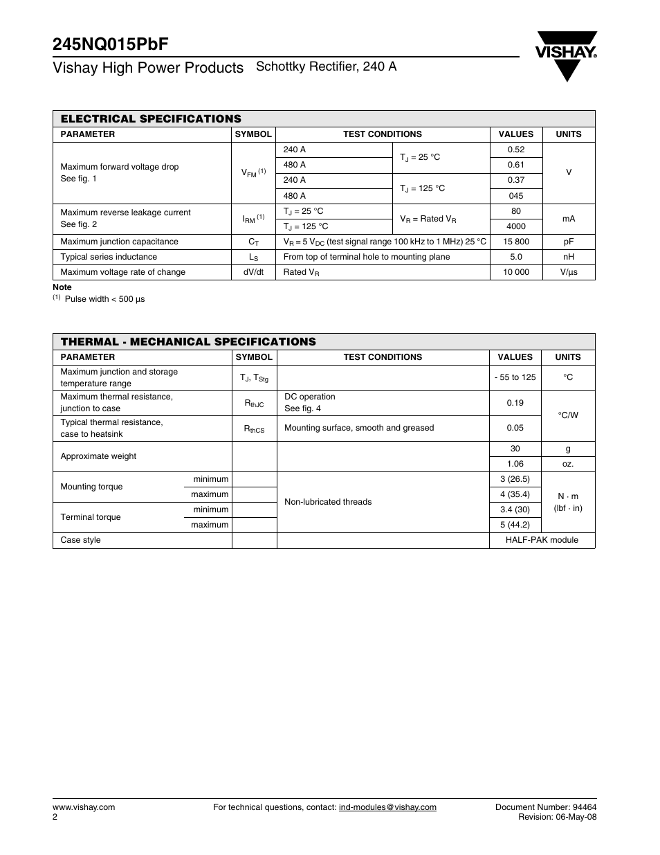 Vishay high power products, Schottky rectifier, 240 a | C&H Technology 245NQ015PbF User Manual | Page 3 / 7