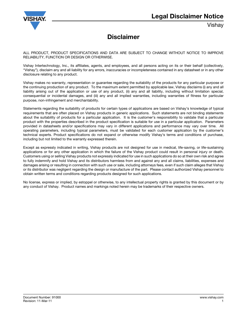 Disclaimer, Disclaimer legal disclaimer notice, Vishay | C&H Technology 22RIA Series User Manual | Page 9 / 9