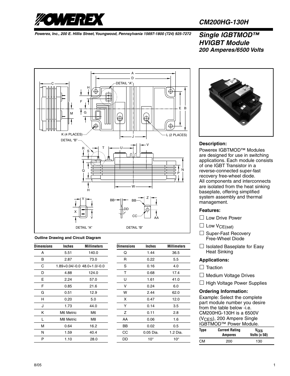 Single igbtmod™ hvigbt module | C&H Technology CM200HG-130H User Manual | Page 2 / 6