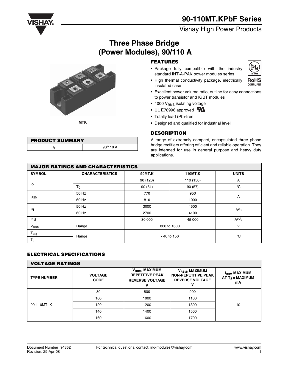 Datasheet, Vishay high power products, Rohs | C&H Technology 90-110MT.KPbF Series User Manual | Page 2 / 9
