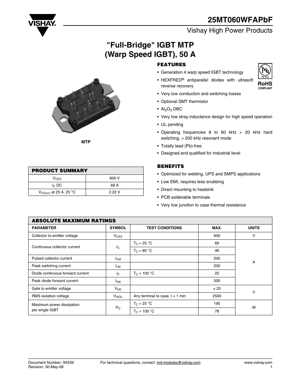 Datasheet, Vishay high power products, Rohs | C&H Technology 25MT060WFAPbF User Manual | Page 2 / 8