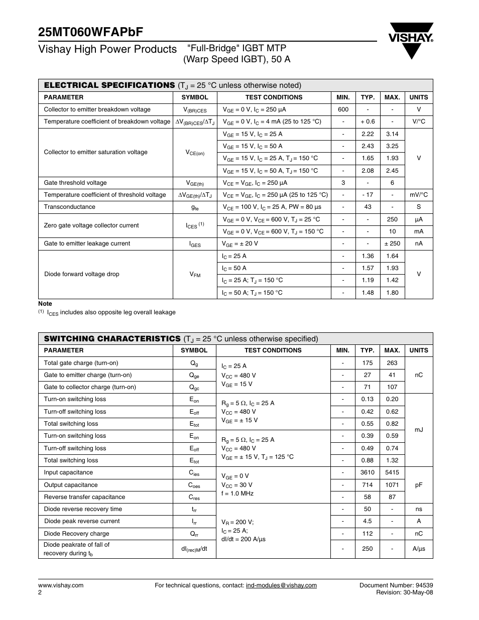 Vishay high power products, Full-bridge" igbt mtp (warp speed igbt), 50 a, Electrical specifications (t | Switching characteristics (t, 25 °c unless otherwise specified) | C&H Technology 25MT060WFAPbF User Manual | Page 3 / 8