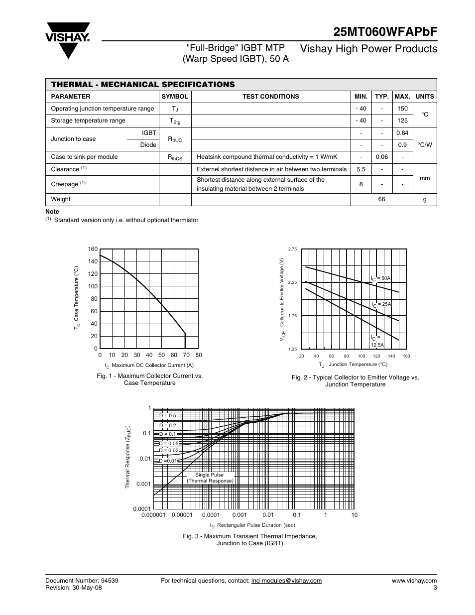 Vishay high power products, Full-bridge" igbt mtp (warp speed igbt), 50 a, Thermal - mechanical specifications | C&H Technology 25MT060WFAPbF User Manual | Page 4 / 8