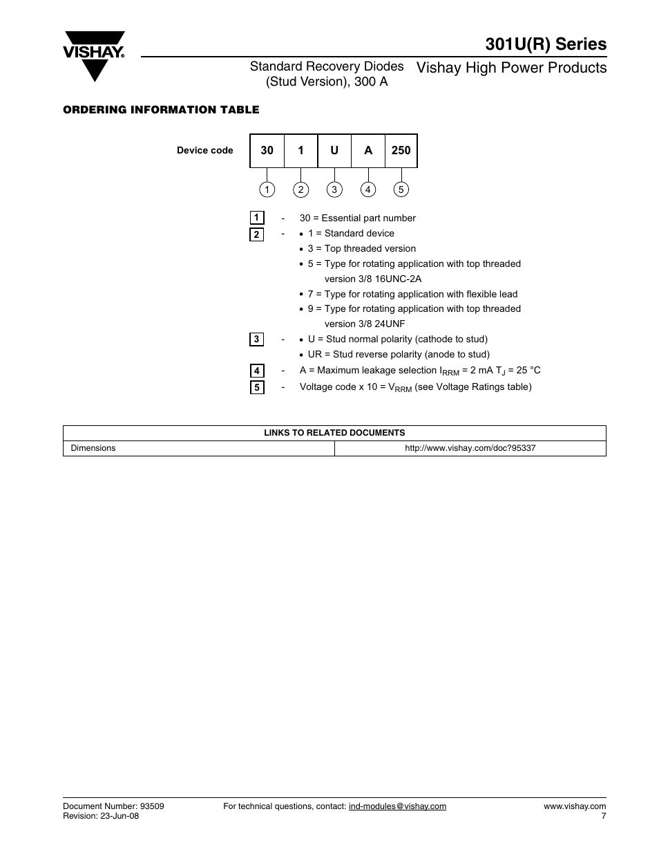 301u(r) series, Vishay high power products, Standard recovery diodes (stud version), 300 a | C&H Technology 301U(R) Series User Manual | Page 8 / 13