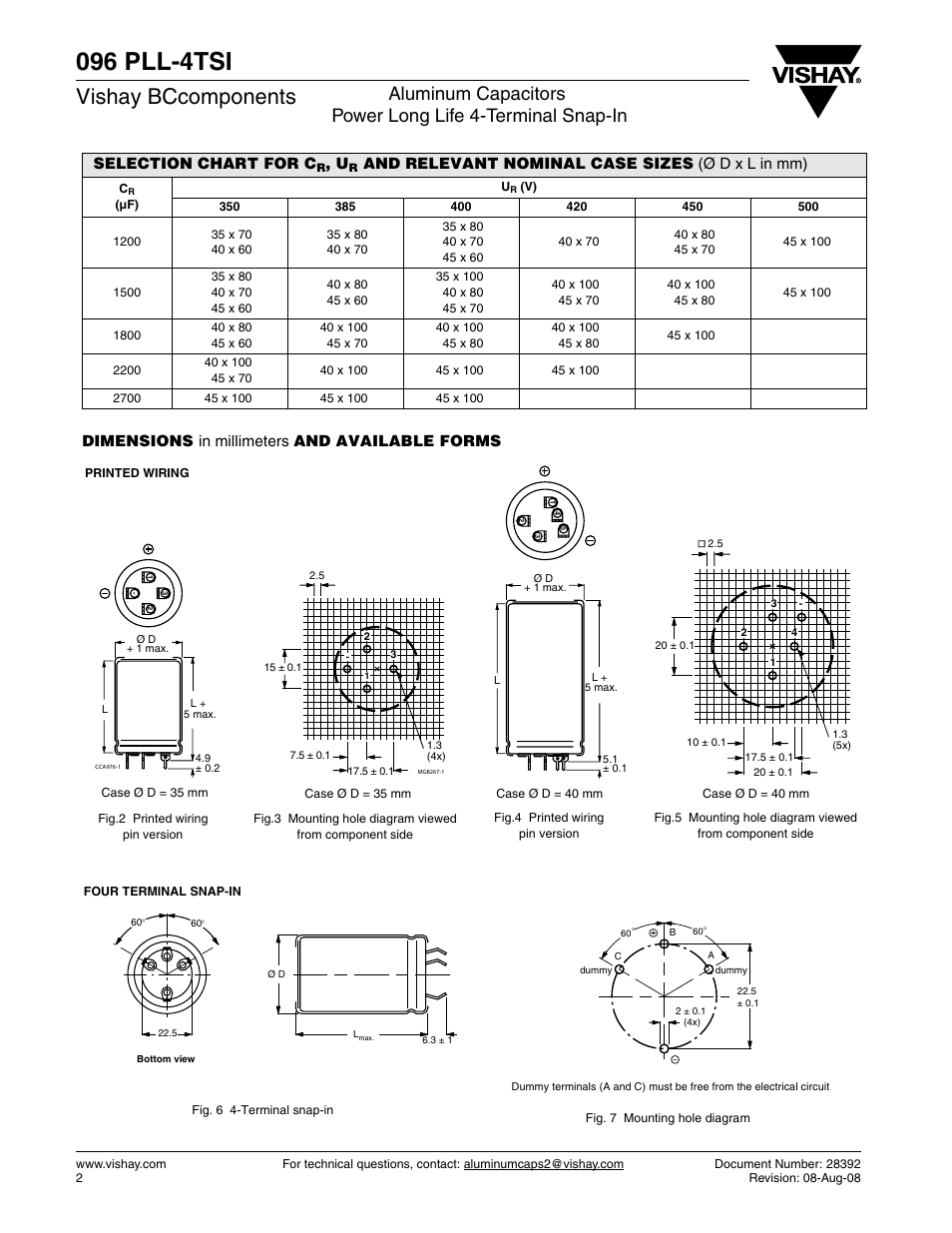 096 pll-4tsi, Vishay bccomponents, Dimensions in millimeters and available forms | Selection chart for c | C&H Technology 096 PLL-4TSI User Manual | Page 3 / 8