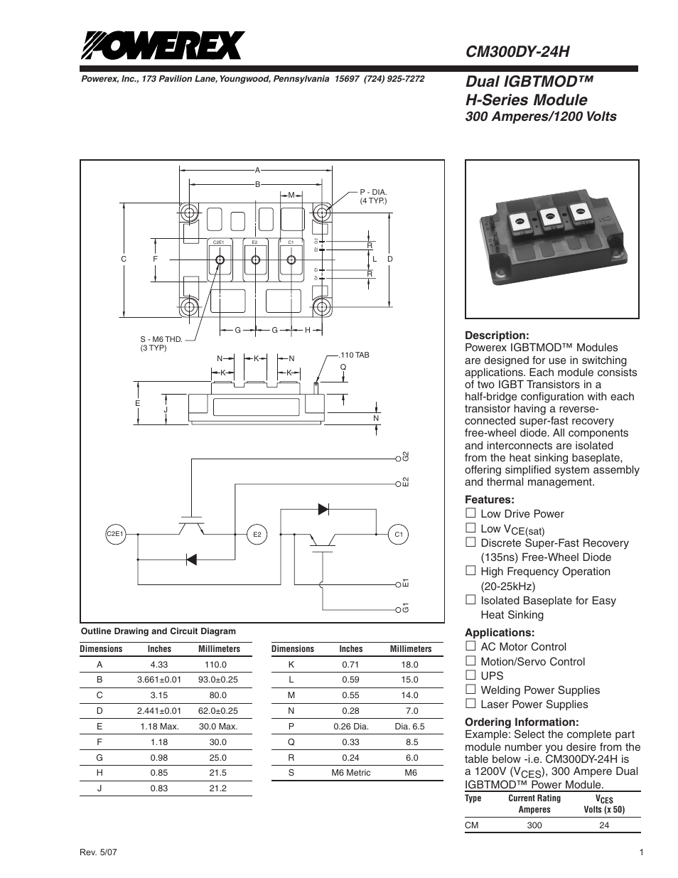 Dual igbtmod™ h-series module | C&H Technology CM300DY-24H User Manual | Page 2 / 5