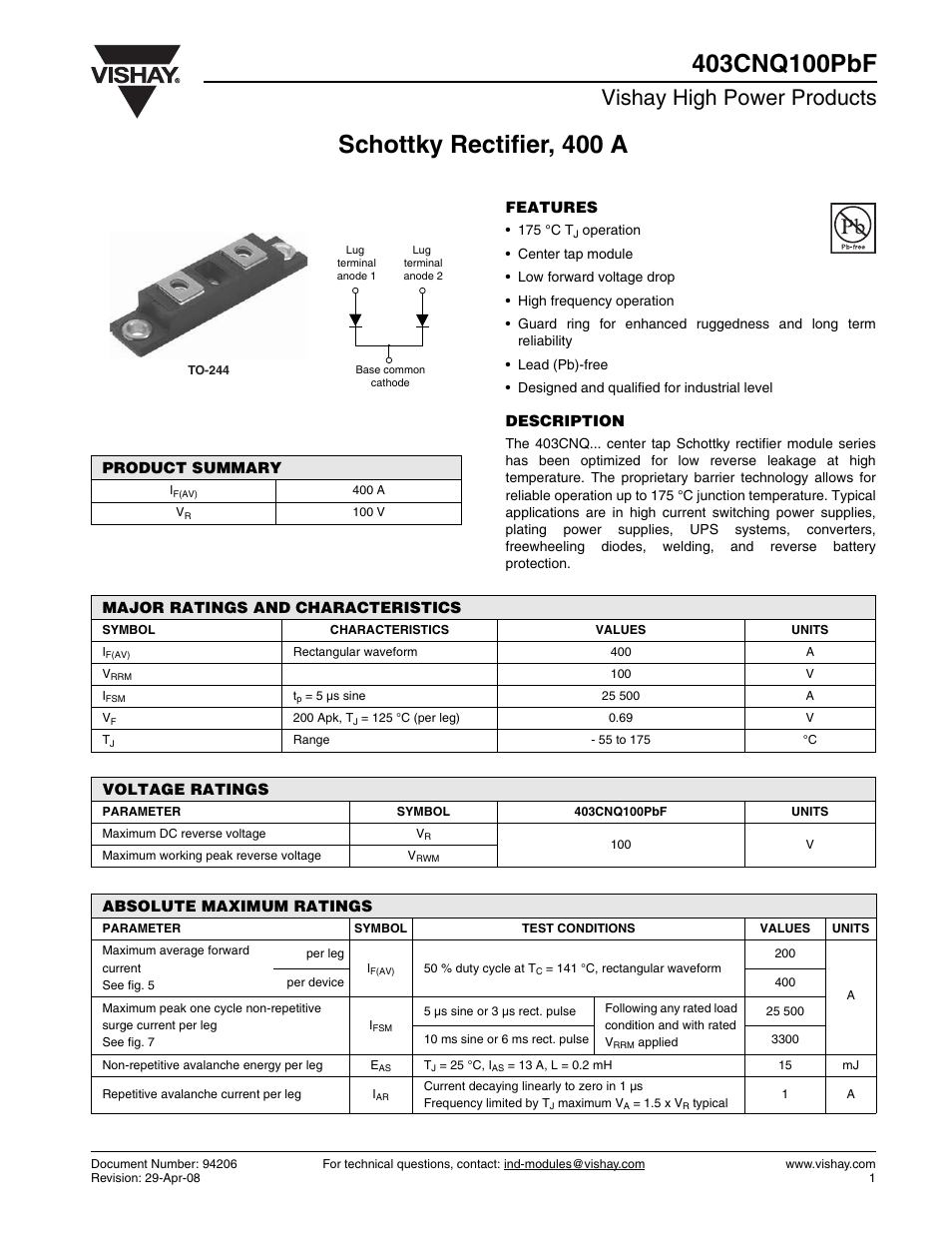 Datasheet, Vishay high power products | C&H Technology 403CNQ100PbF User Manual | Page 2 / 7