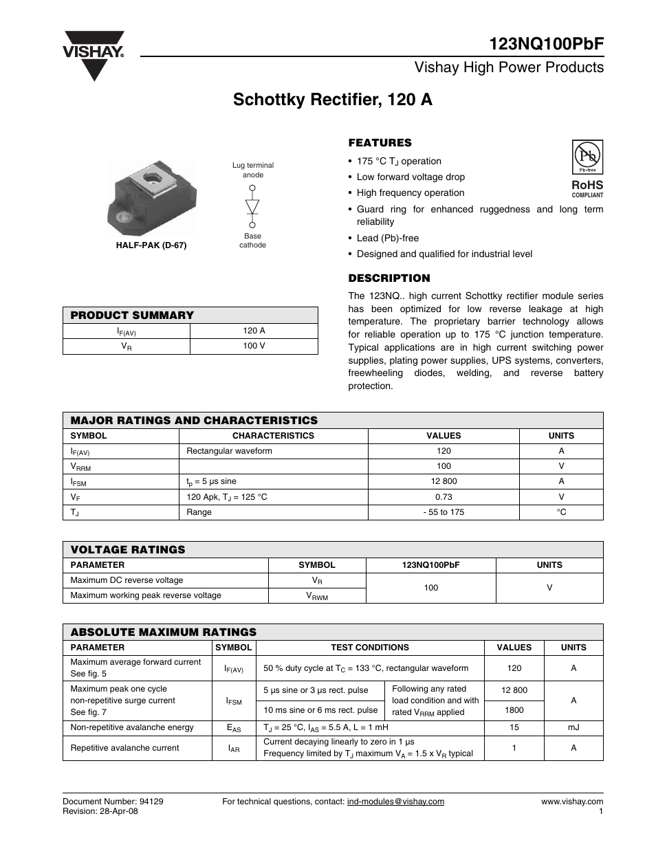 Datasheet, Vishay high power products, Rohs | C&H Technology 123NQ100PbF User Manual | Page 2 / 7