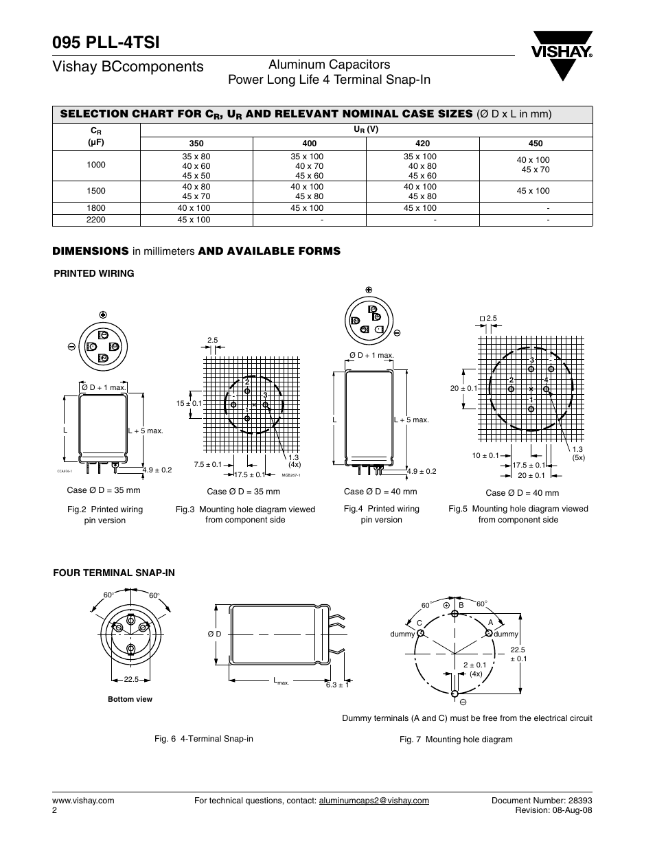 095 pll-4tsi, Vishay bccomponents, Dimensions in millimeters and available forms | Selection chart for c | C&H Technology 095 PLL-4TSI User Manual | Page 3 / 8