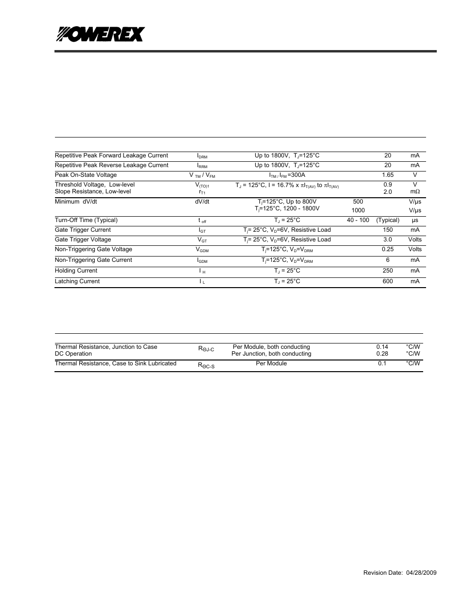 Cd43 b, Pow-r-blok, Electrical characteristics, t | 25°c unless otherwise specified, Thermal characteristics | Powerex CD43__90B User Manual | Page 3 / 4
