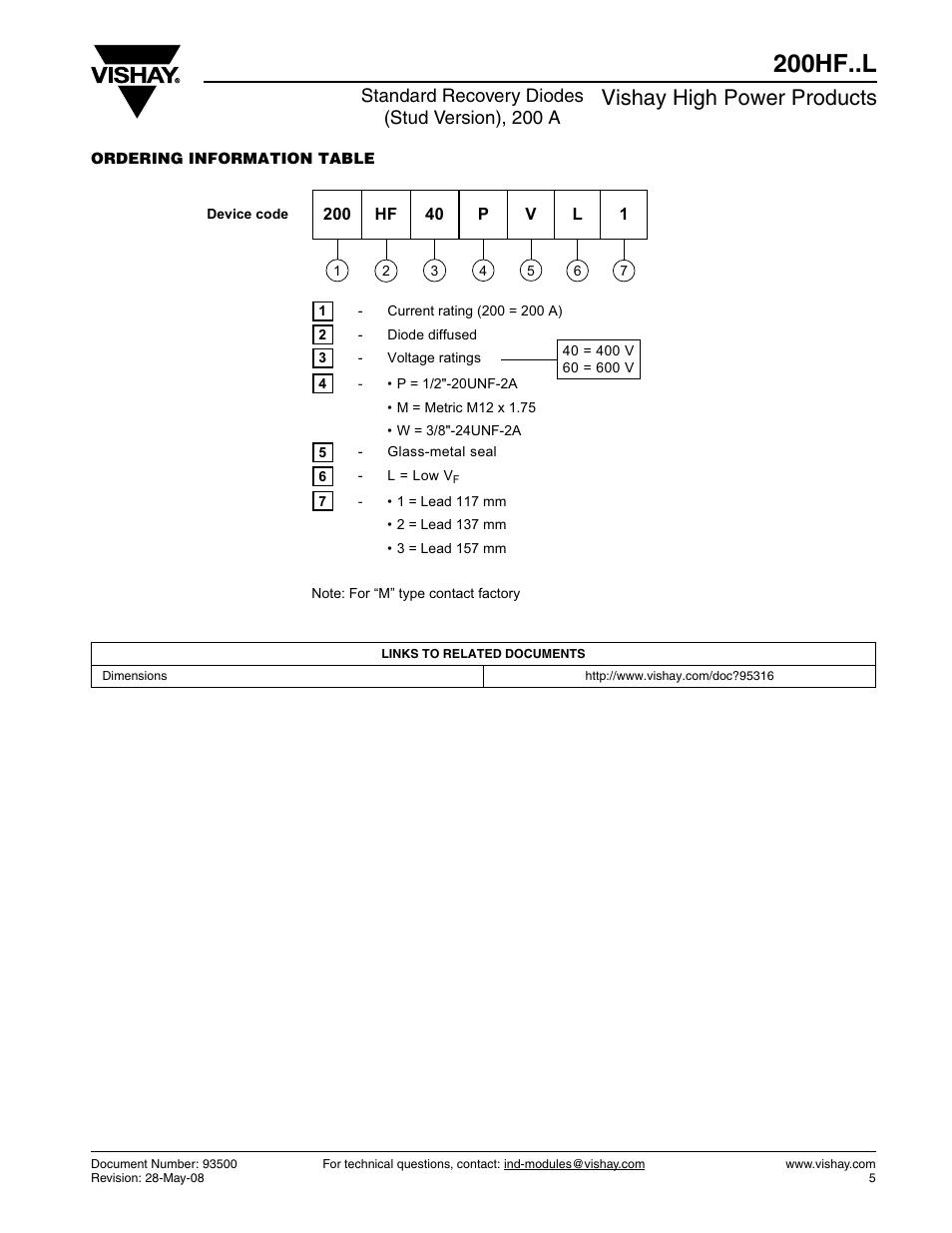 200hf..l, Vishay high power products, Standard recovery diodes (stud version), 200 a | C&H Technology 200HF..L Series User Manual | Page 6 / 7