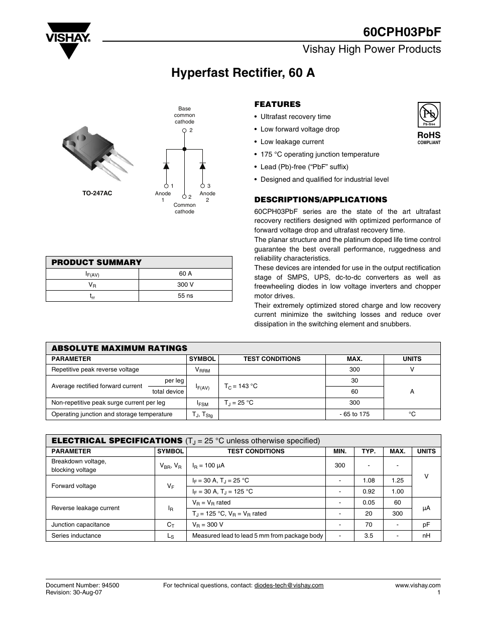 Datasheet, Vishay high power products, Rohs | C&H Technology 60CPH03PbF User Manual | Page 2 / 8
