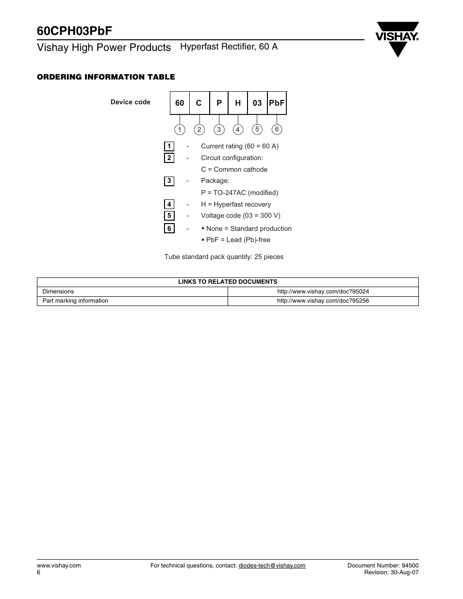 60cph03pbf, Vishay high power products, Hyperfast rectifier, 60 a | C&H Technology 60CPH03PbF User Manual | Page 7 / 8
