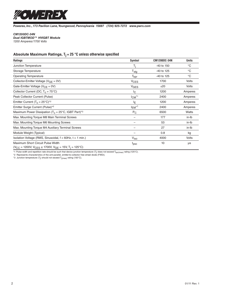 Absolute maximum ratings, t, 25 °c unless otherwise specified | C&H Technology CM1200DC-34N User Manual | Page 3 / 7