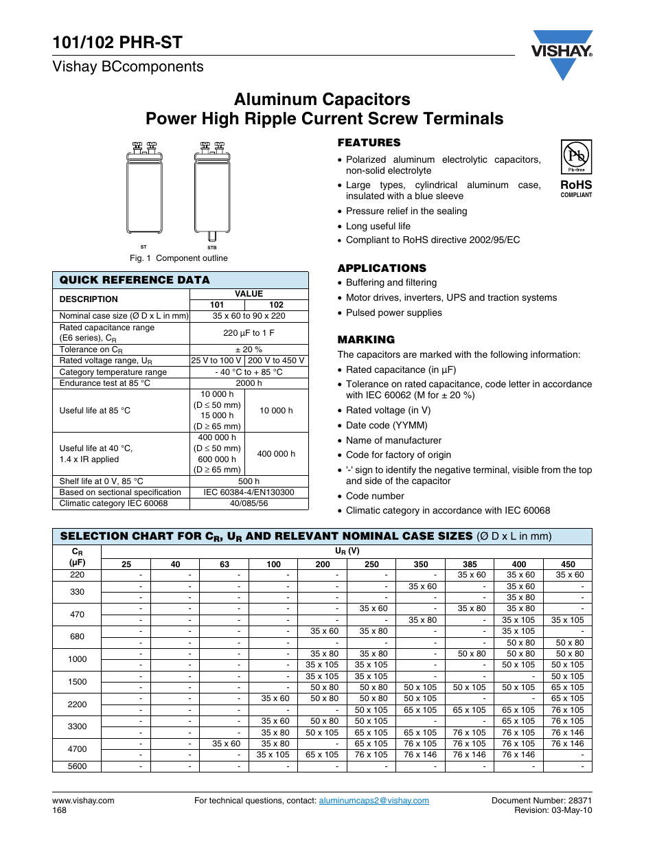 Datasheet, Vishay bccomponents, Rohs | C&H Technology 102 PHR-ST User Manual | Page 2 / 12