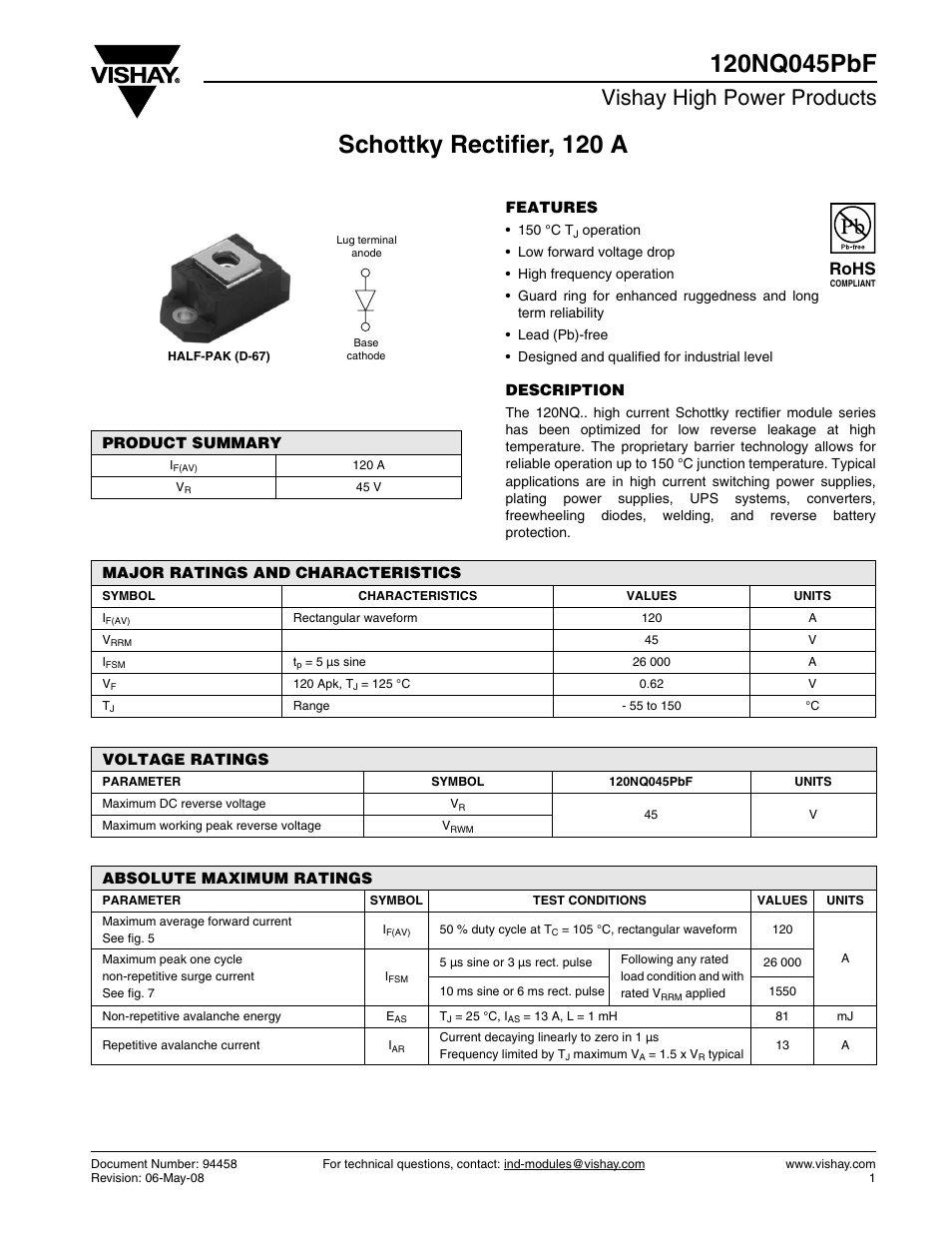 Datasheet, Vishay high power products, Rohs | C&H Technology 120NQ045PbF User Manual | Page 2 / 7