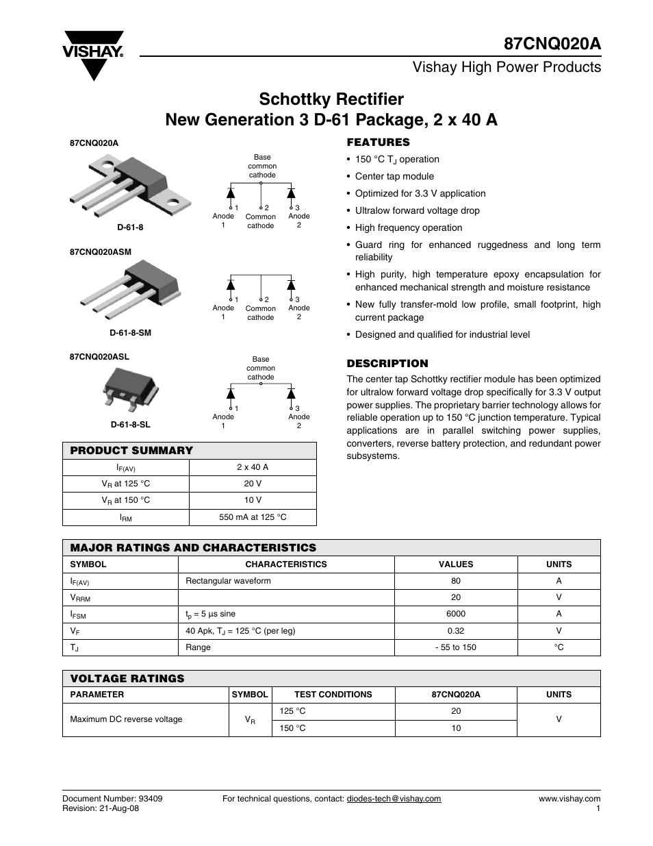 Datasheet, Vishay high power products | C&H Technology 87CNQ020A User Manual | Page 2 / 7