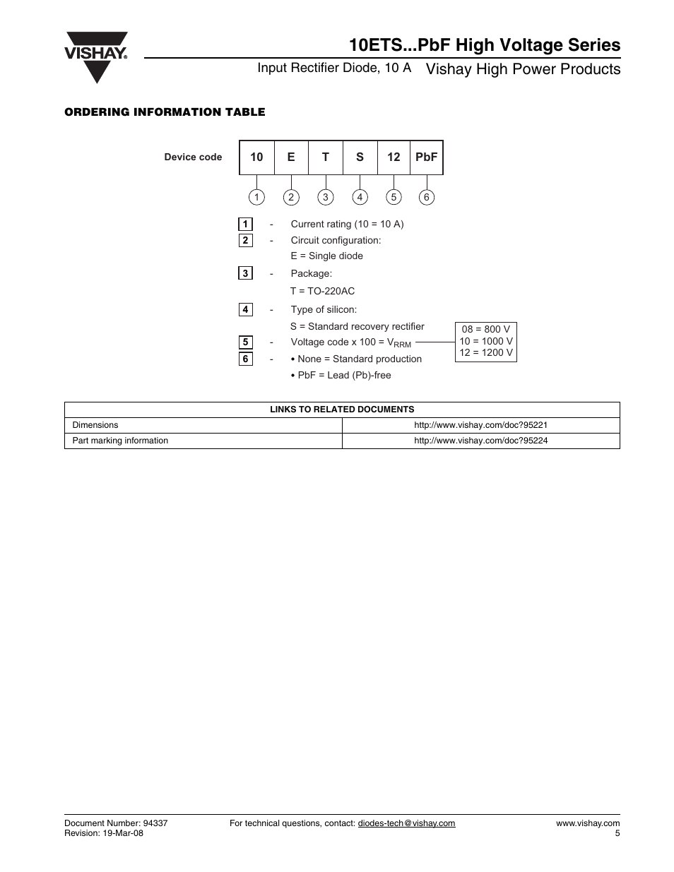 10ets...pbf high voltage series, Vishay high power products, Input rectifier diode, 10 a | C&H Technology 10ETS...PbF High Voltage Series User Manual | Page 6 / 7