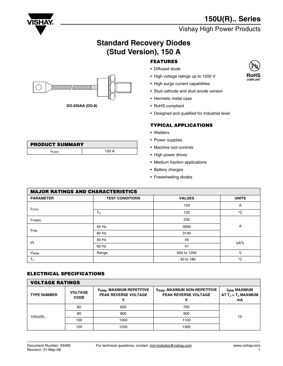 Datasheet, Vishay high power products, Rohs | C&H Technology 150U(R).. Series User Manual | Page 2 / 8