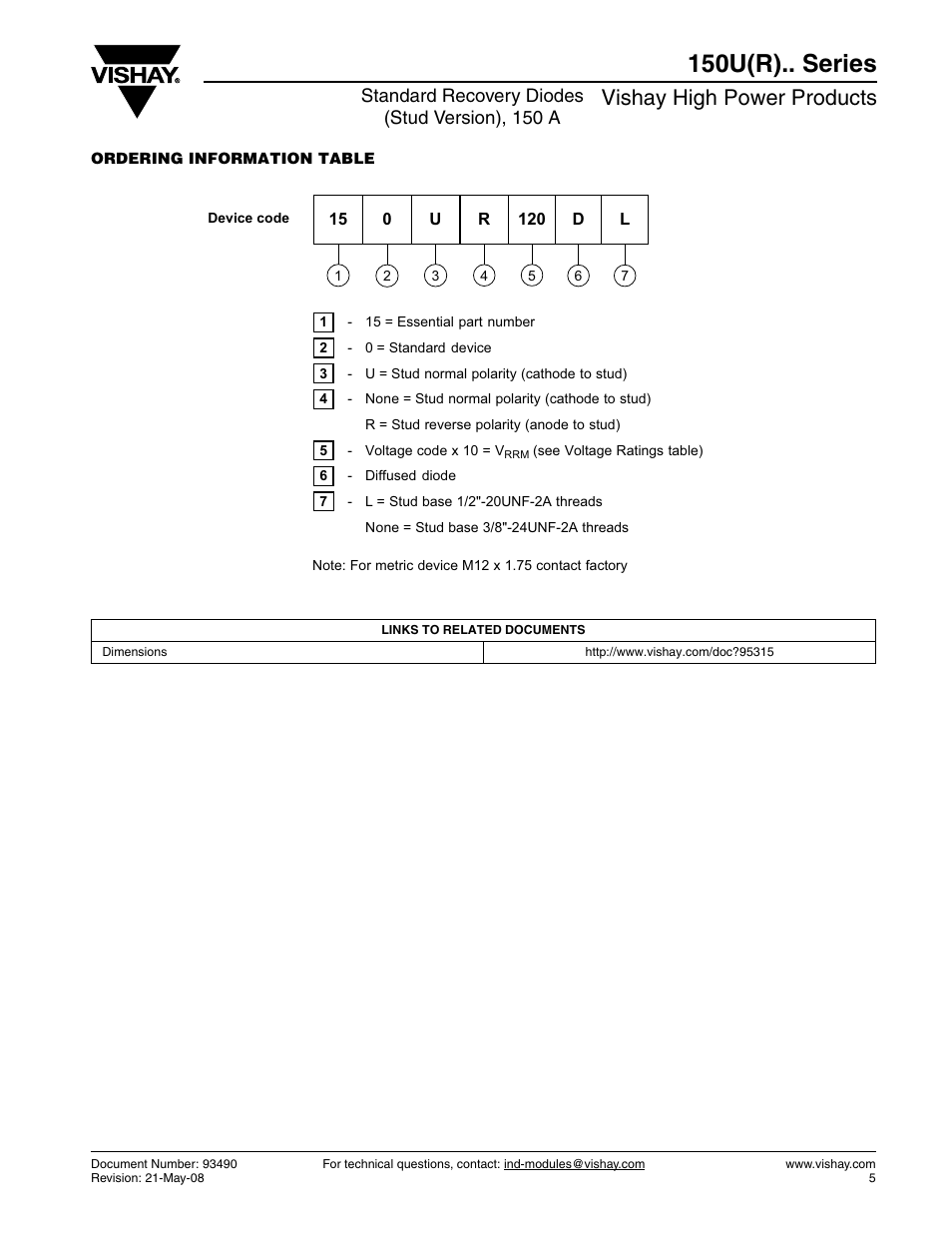 150u(r).. series, Vishay high power products, Standard recovery diodes (stud version), 150 a | C&H Technology 150U(R).. Series User Manual | Page 6 / 8