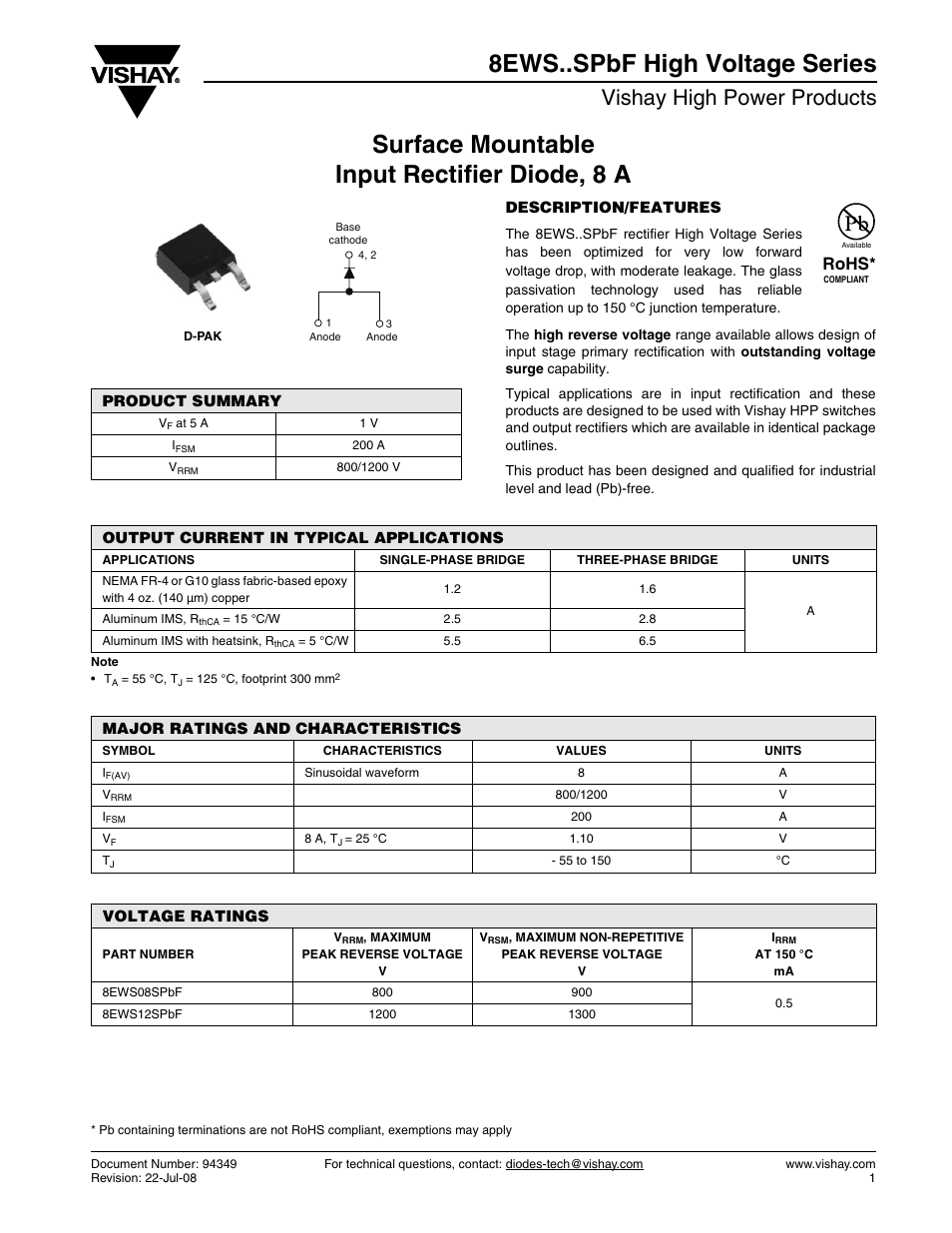 Datasheet, Vishay high power products, Rohs | C&H Technology 8EWS..SPbF High Voltage Series User Manual | Page 2 / 7