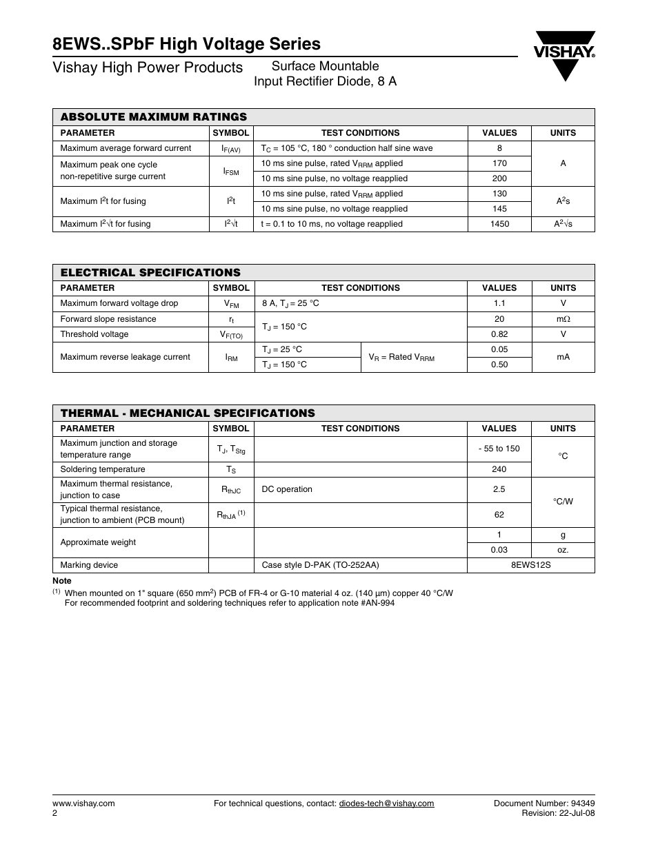 8ews..spbf high voltage series, Vishay high power products, Surface mountable input rectifier diode, 8 a | C&H Technology 8EWS..SPbF High Voltage Series User Manual | Page 3 / 7