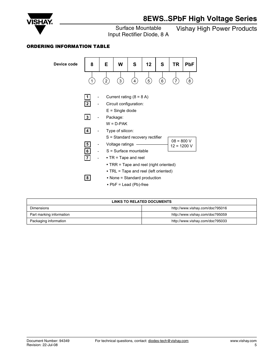 8ews..spbf high voltage series, Vishay high power products, Surface mountable input rectifier diode, 8 a | C&H Technology 8EWS..SPbF High Voltage Series User Manual | Page 6 / 7