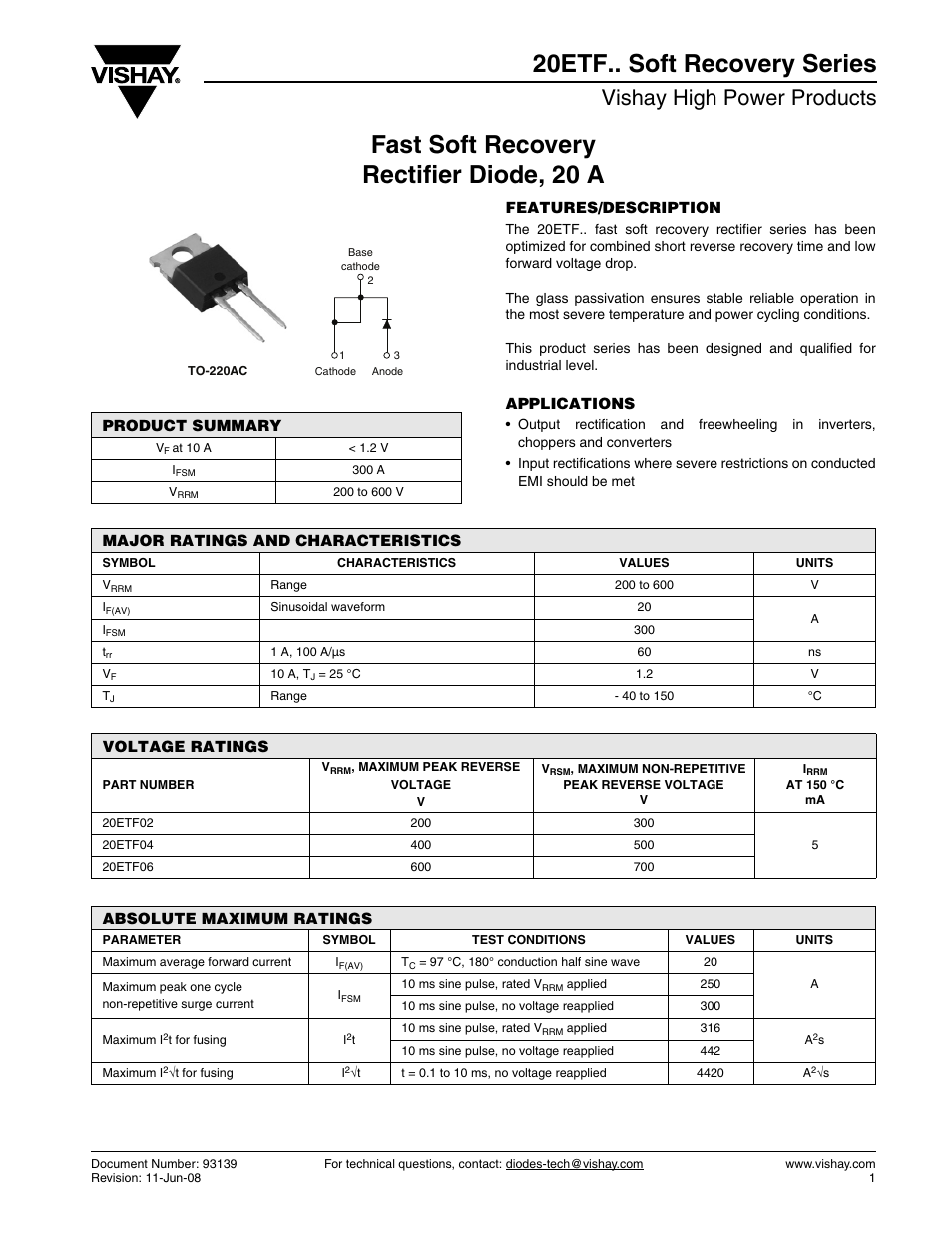 Vishay 20ETF.. Soft Recovery Series User Manual | 7 pages