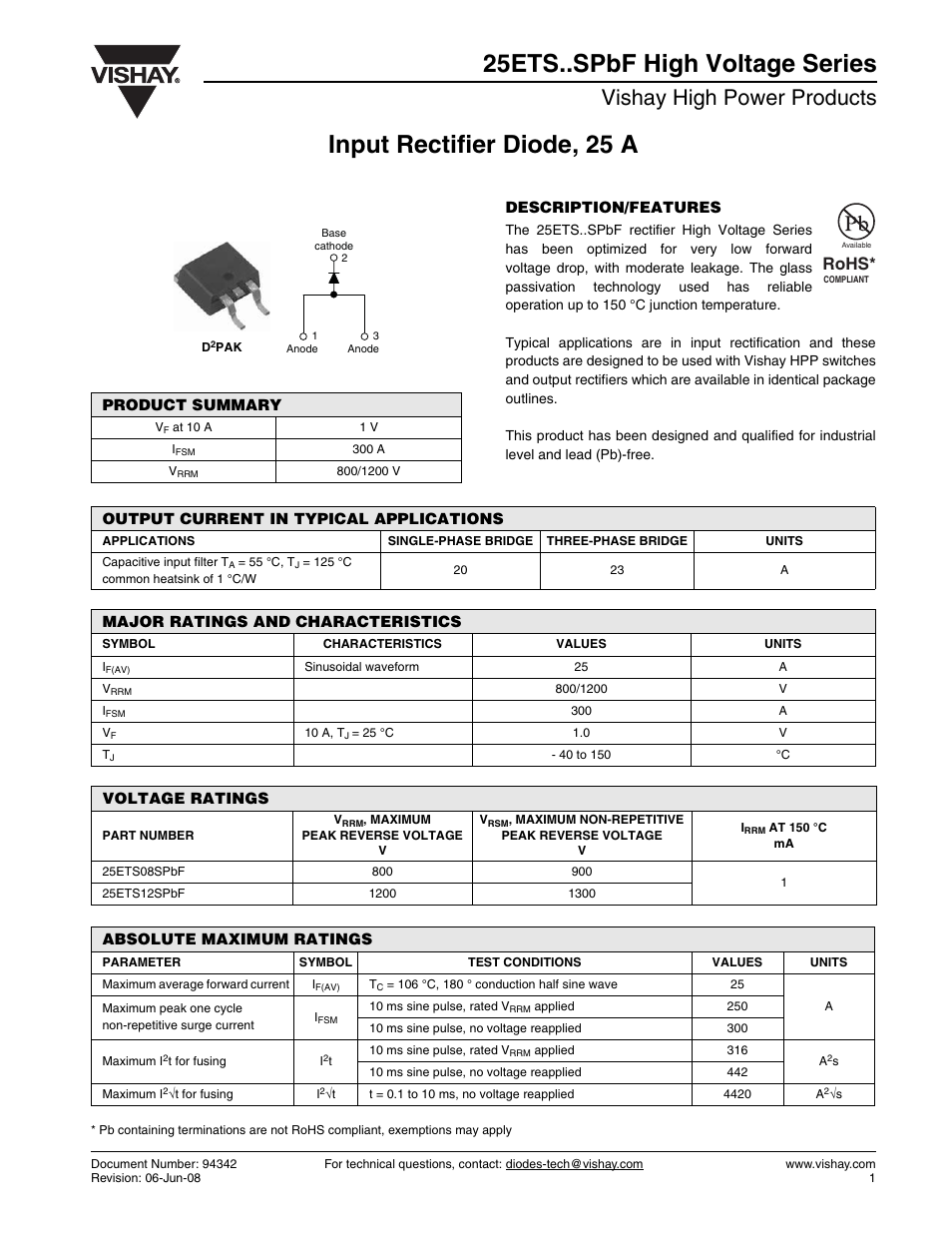 Datasheet, Input rectifier diode, 25 a, 25ets..spbf high voltage series | Vishay high power products, Rohs | C&H Technology 25ETS..SPbF High Voltage Series User Manual | Page 2 / 7