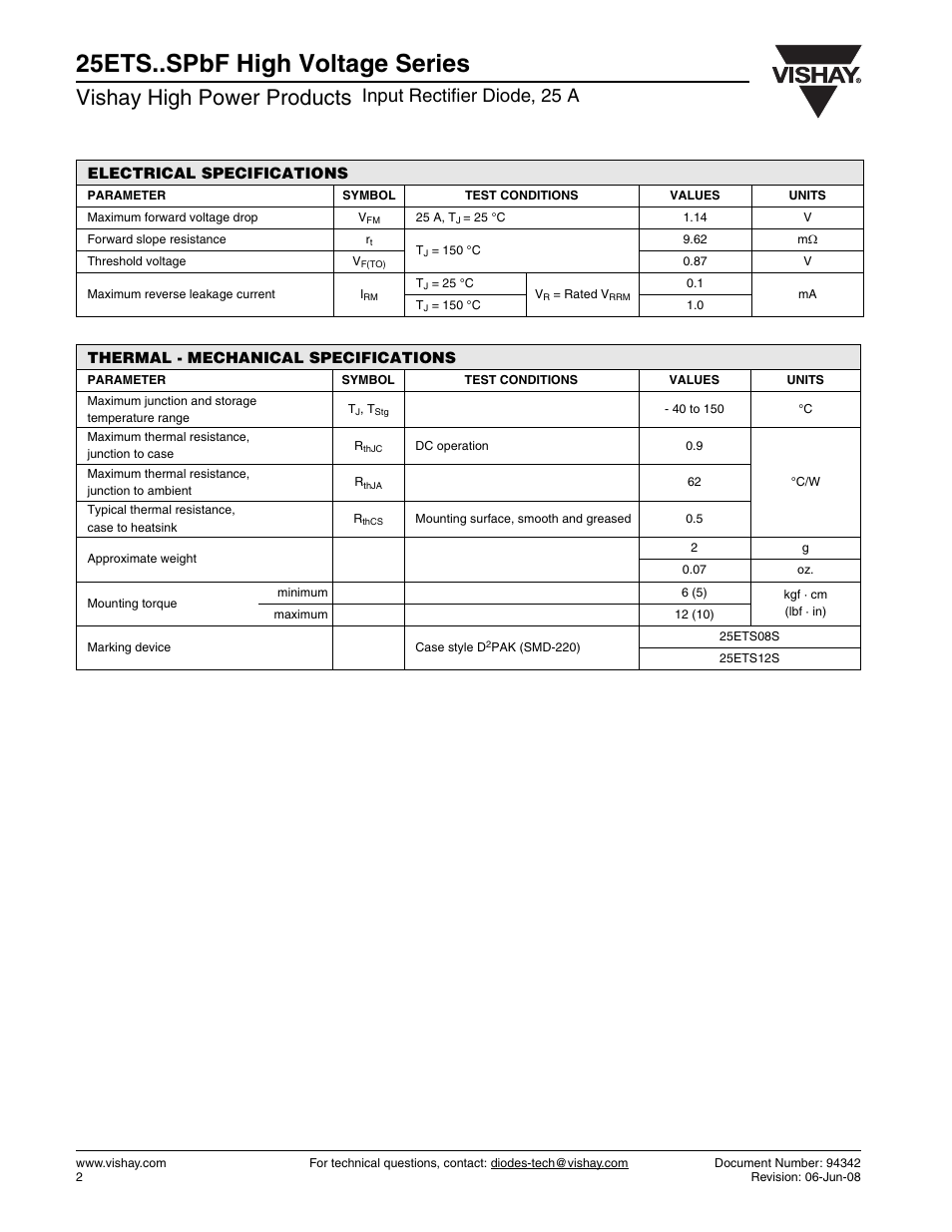 25ets..spbf high voltage series, Vishay high power products, Input rectifier diode, 25 a | C&H Technology 25ETS..SPbF High Voltage Series User Manual | Page 3 / 7