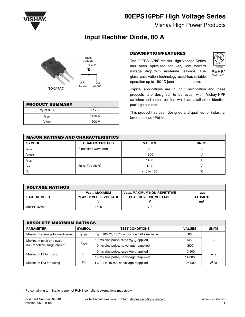 Datasheet, Input rectifier diode, 80 a, 80eps16pbf high voltage series | Vishay high power products, Rohs | C&H Technology 80EPS16PbF High Voltage Series User Manual | Page 2 / 7