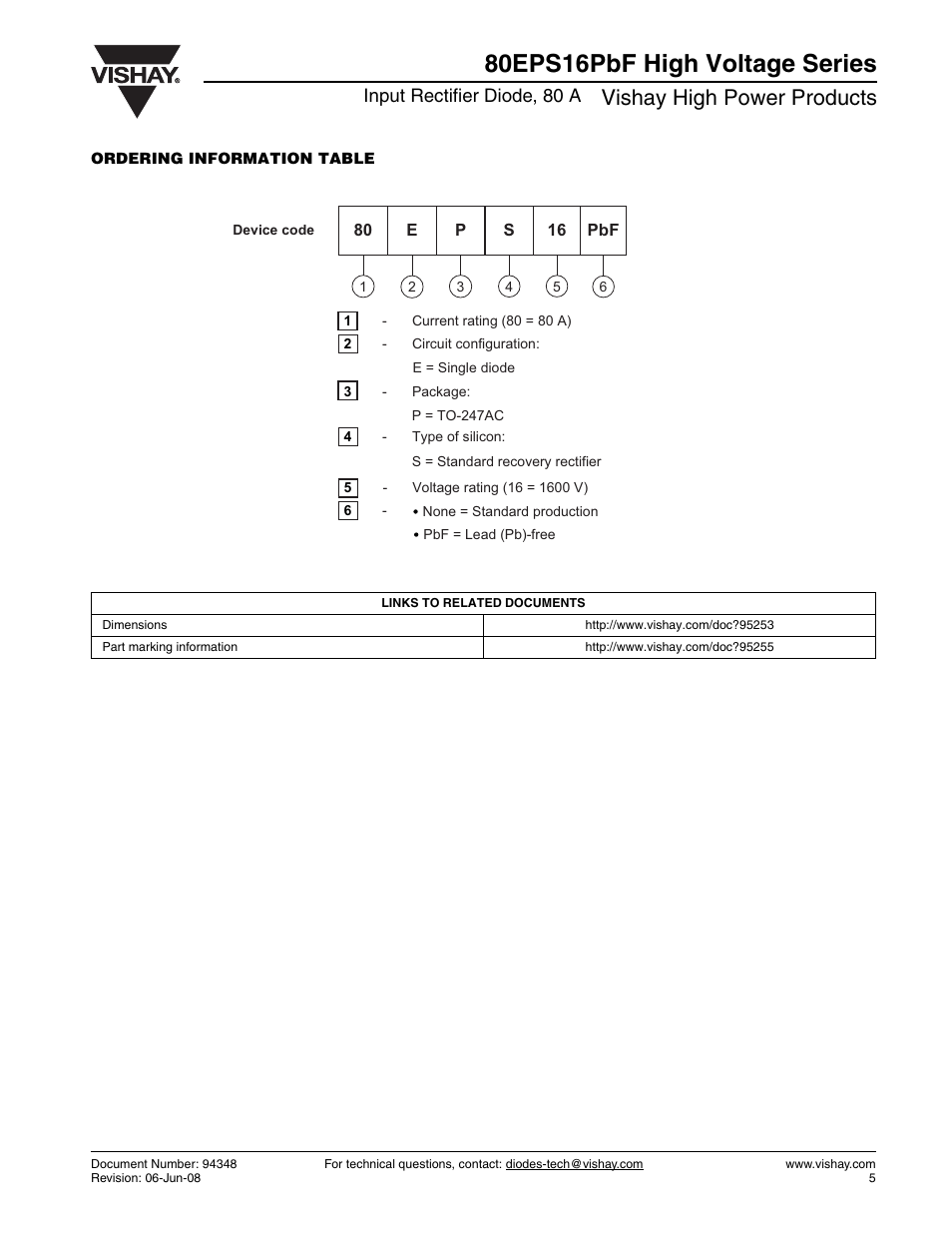 80eps16pbf high voltage series, Vishay high power products, Input rectifier diode, 80 a | C&H Technology 80EPS16PbF High Voltage Series User Manual | Page 6 / 7