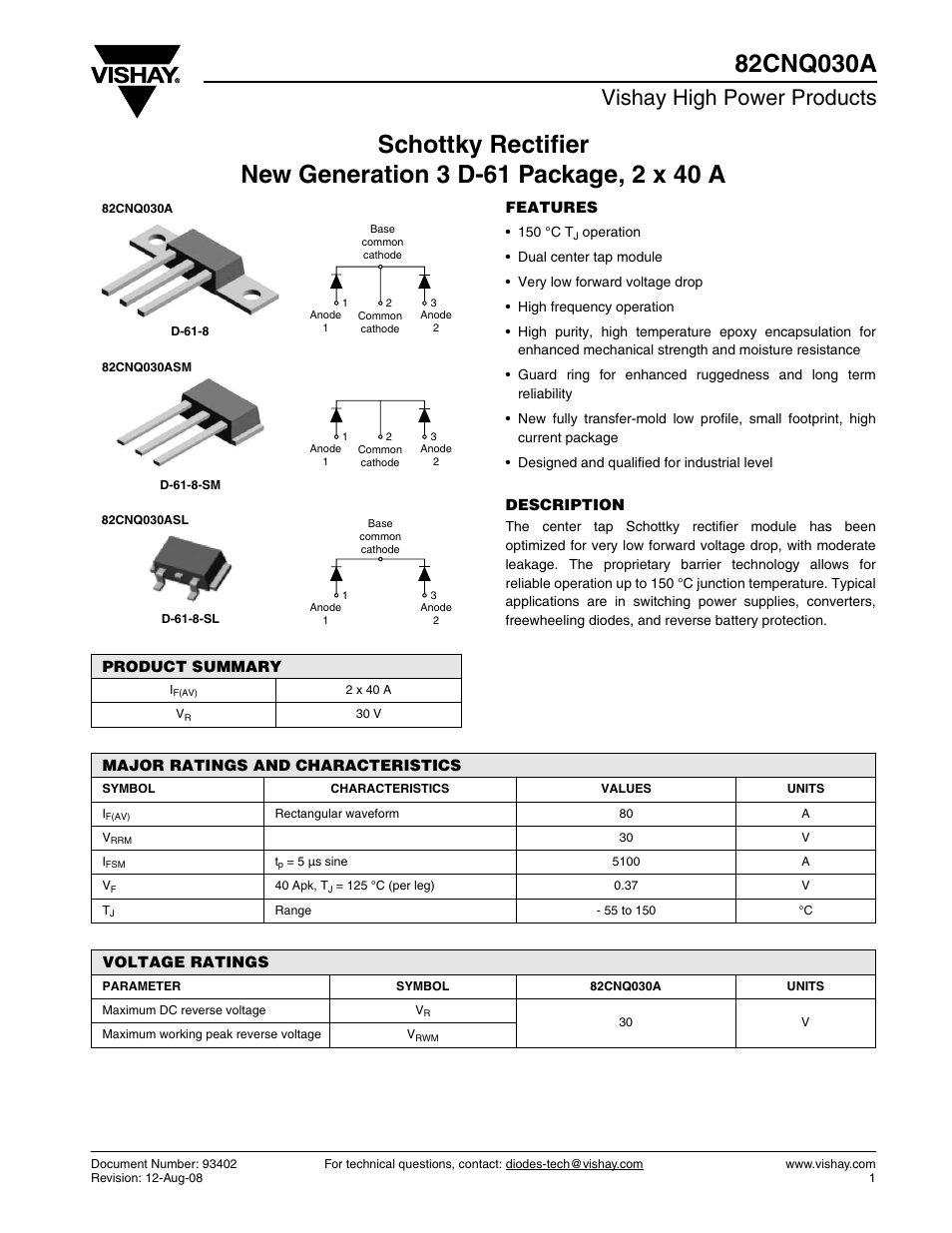 Datasheet, Vishay high power products | C&H Technology 82CNQ030A User Manual | Page 2 / 7