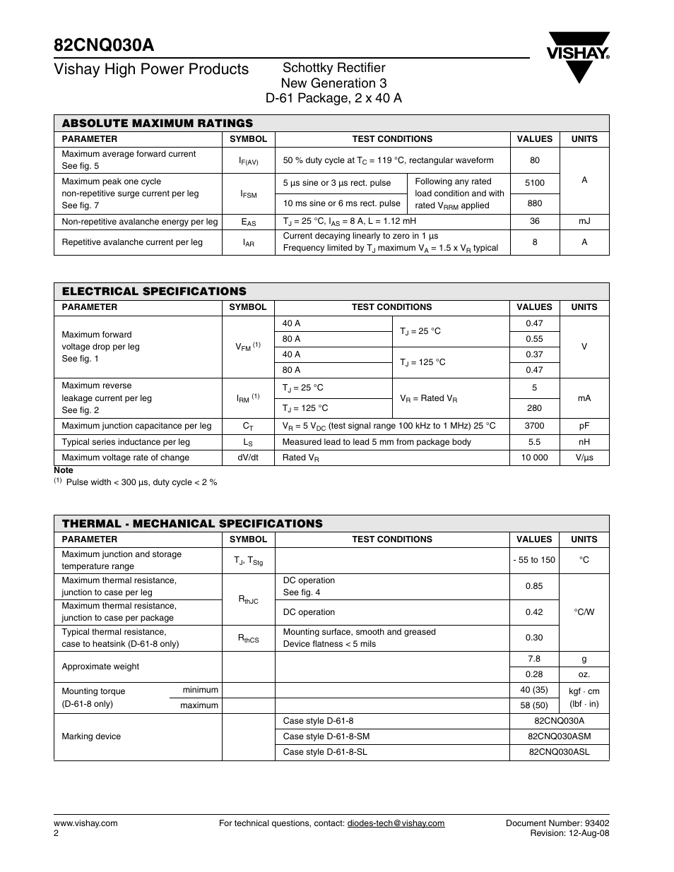 Vishay high power products | C&H Technology 82CNQ030A User Manual | Page 3 / 7
