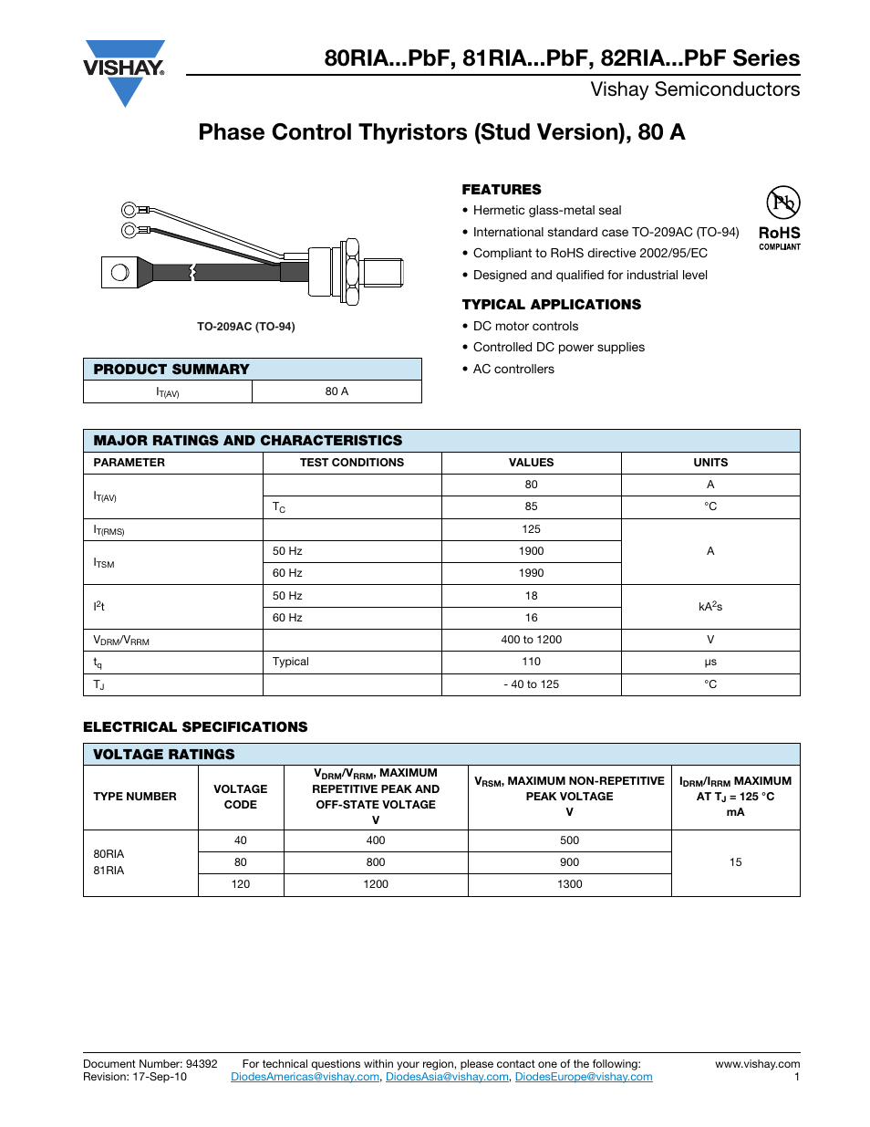 Datasheet, Vishay semiconductors | C&H Technology 82RIA...PbF Series User Manual | Page 2 / 10